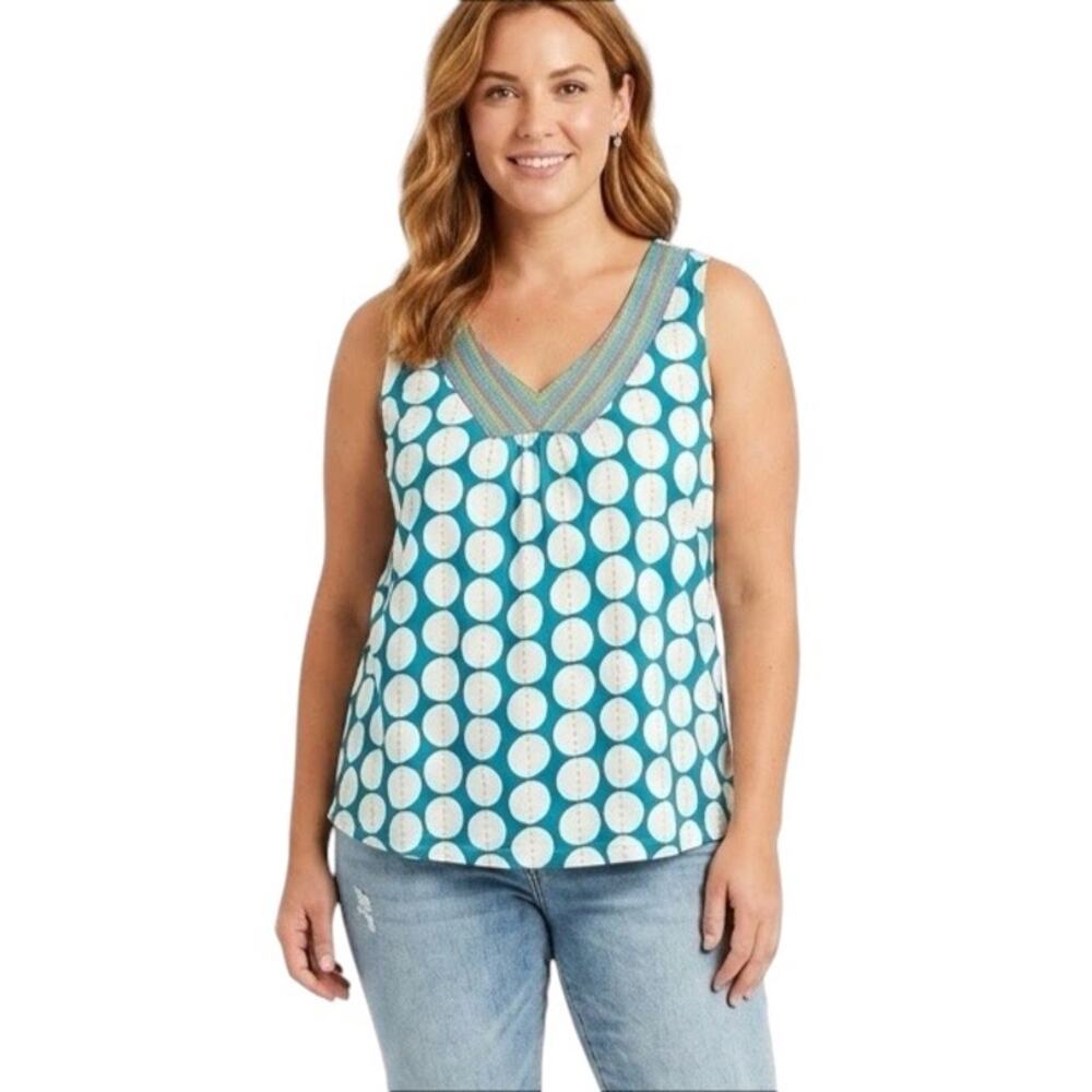 Boden Circle Print Tank Top With Embroidered Neckline in Blue and White Size 16